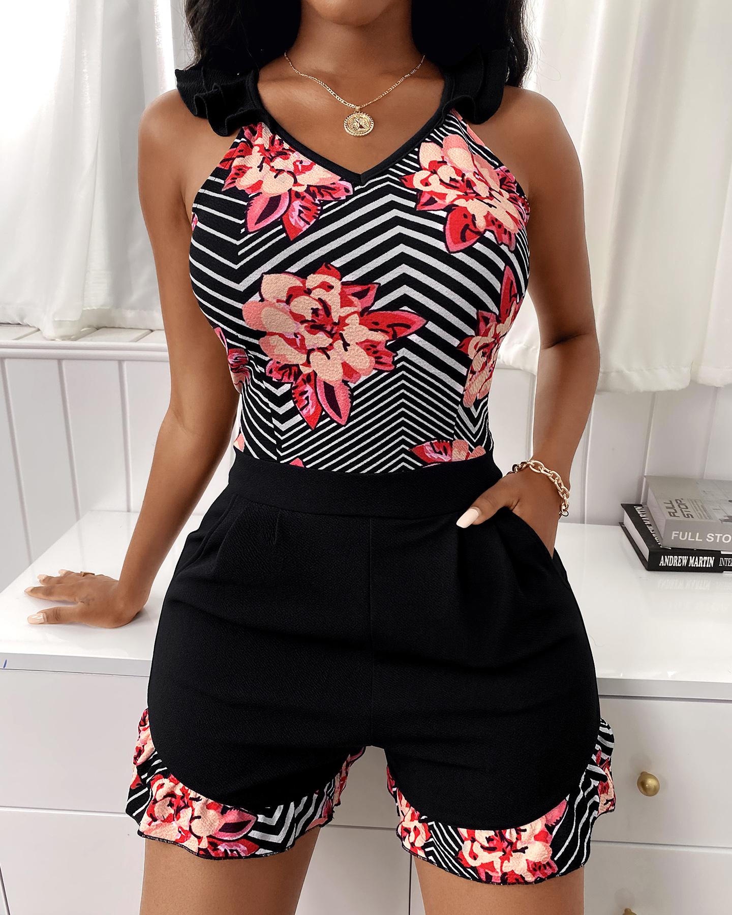 

Striped Floral Print Colorblock Pocket Design Romper, Multicolor