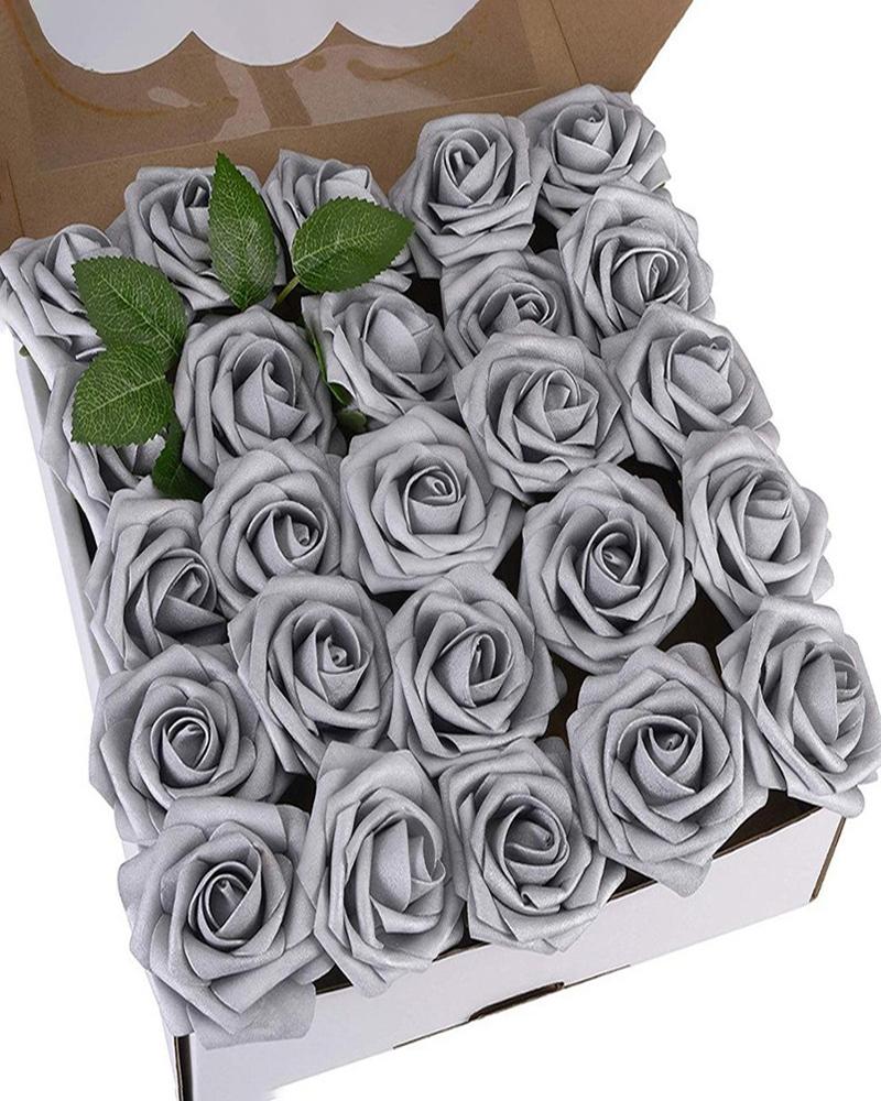 

Artificial Flowers 25pcs Real Looking Blush Foam Fake Roses with Stems for DIY Wedding Bouquets Bridal Shower Centerpieces Party Decorations, Gray