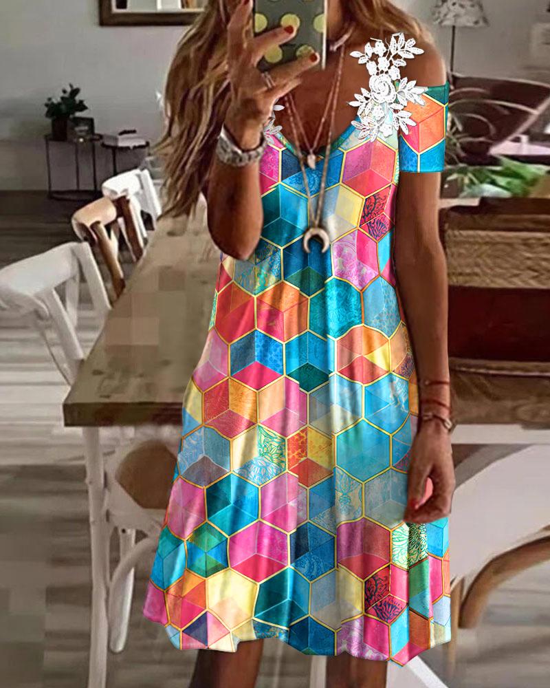 

Geo Print Contrast Lace Cold Shoulder Casual Dress, Multicolor