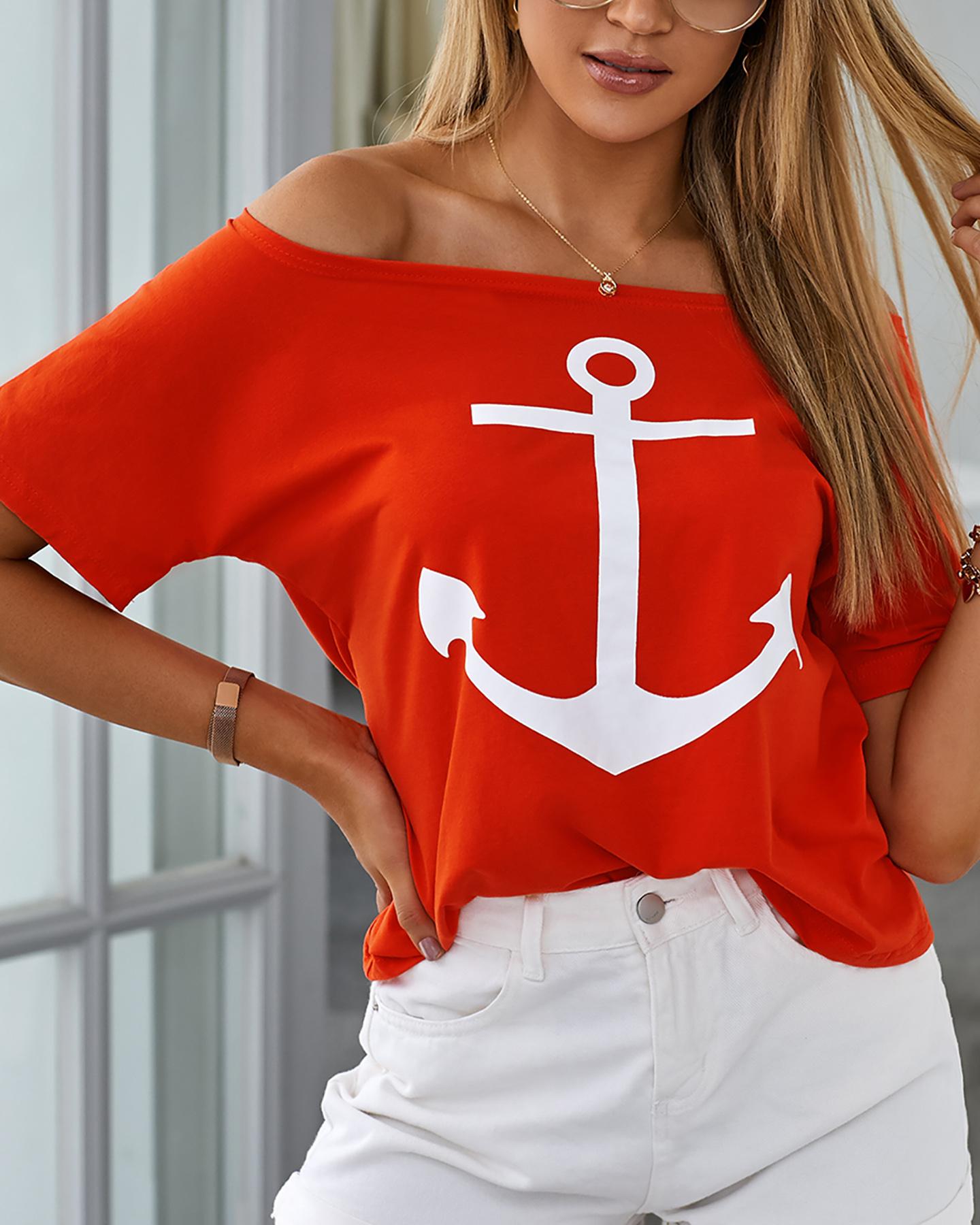

Boat Anchor Print Short Sleeve Casual T-Shirt, Red