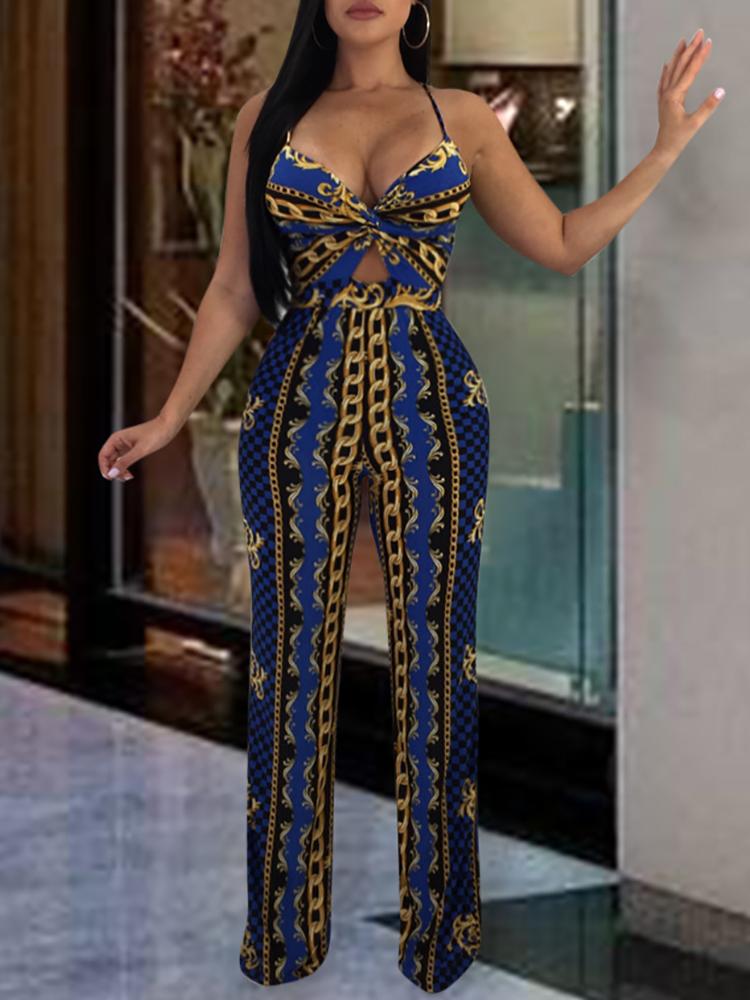 

Ethnic Print Twist Cutout Tie Back Jumpsuit, Blue