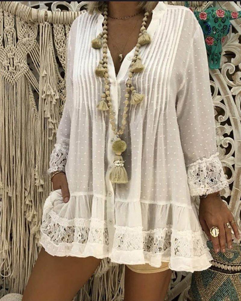 

Contrast Lace Button Front Shirt, White