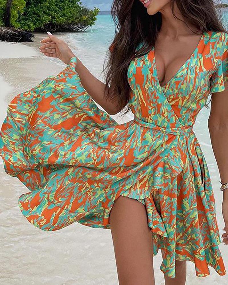 

Colorblock V Neck Ruched Dress, Orange