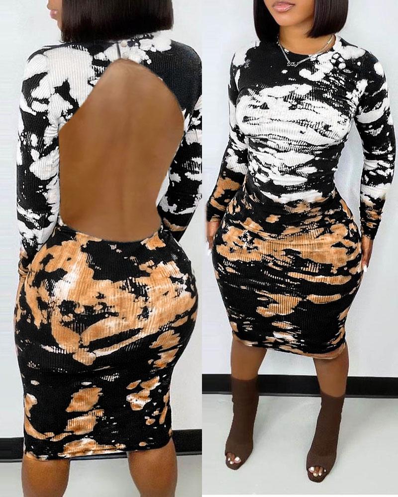 

Ribbed Tie Dye Print Backless Bodycon Dress, Multicolor