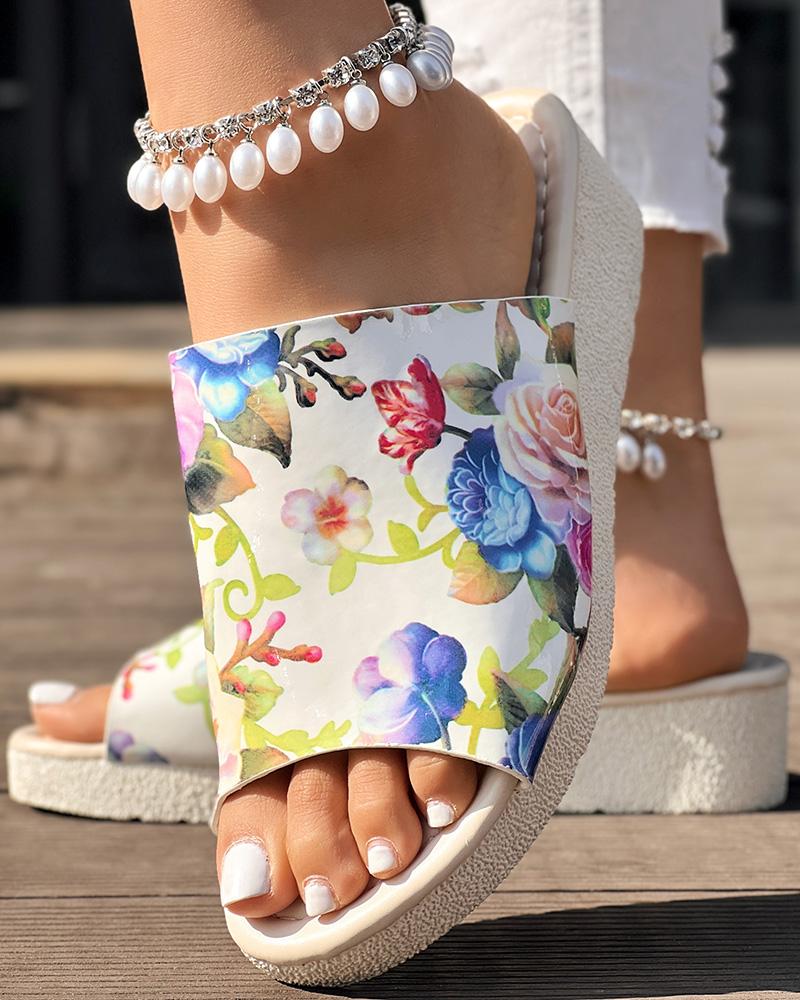 Floral Print Peep Toe Platform Slippers