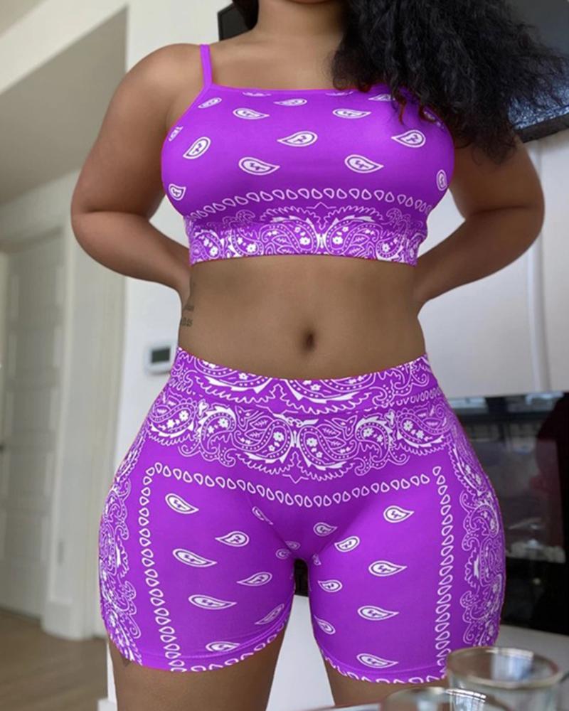 

Paisley Patterns Print Sleeveless Tanks With Shorts Suit Sets Swimwear Sets, Purple