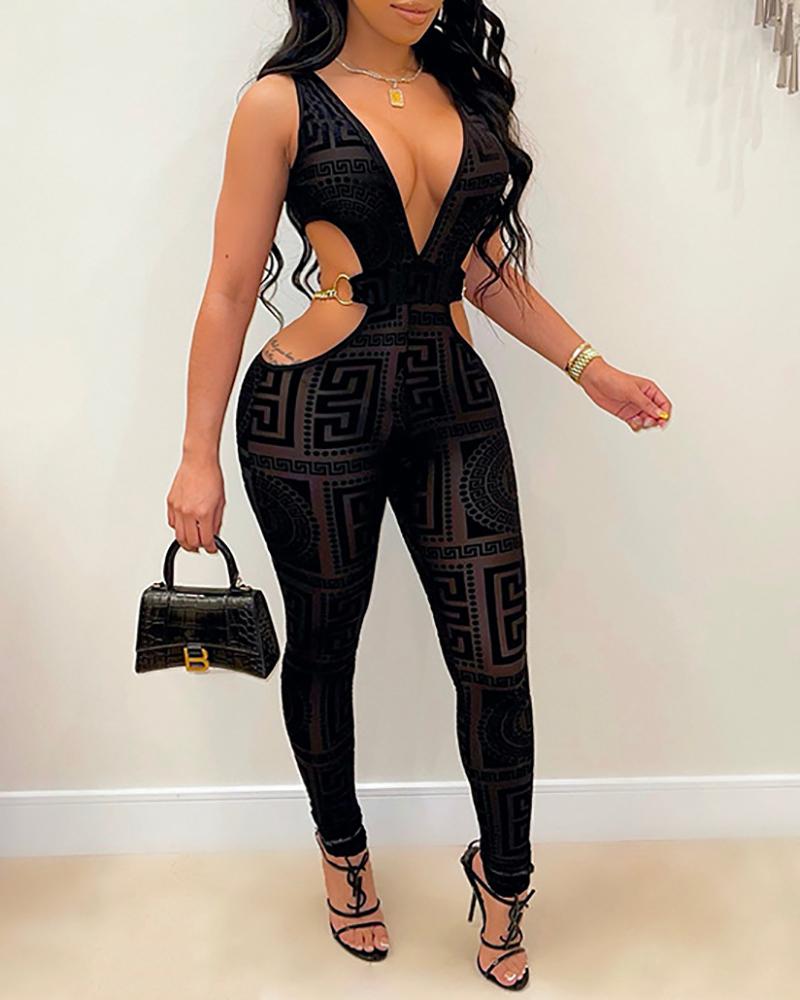 

Graphic Print Sleeveless O Ring Decor Cutout Sheer Mesh Jumpsuit, Black