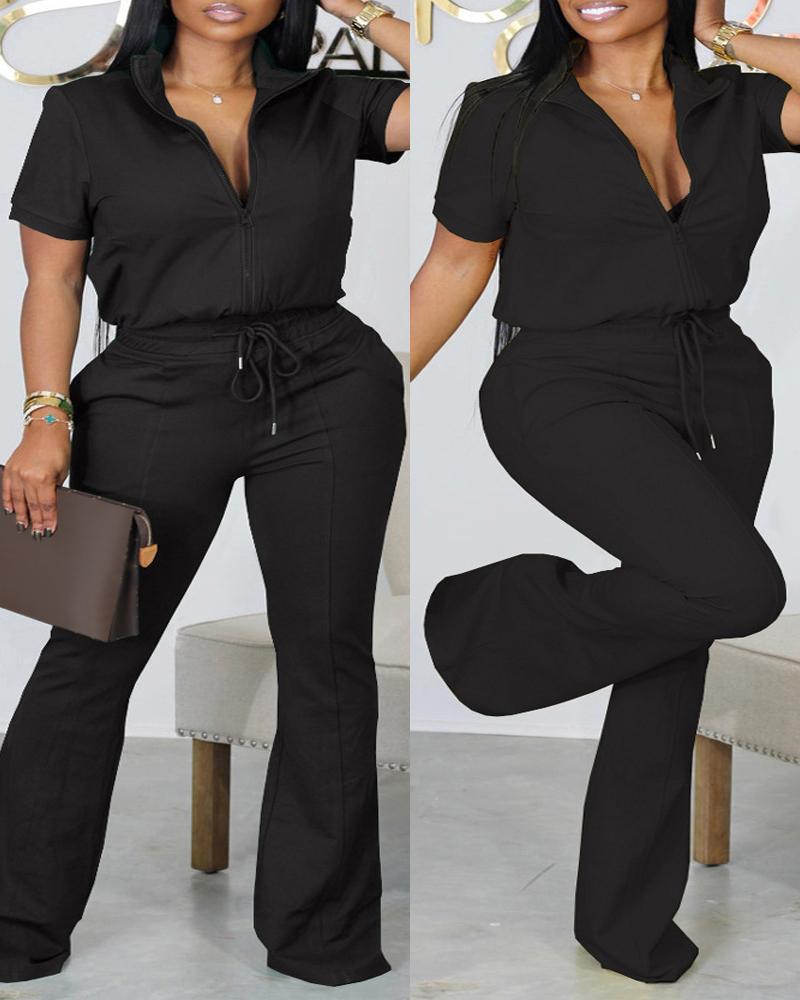 

Plus Size Zip Up Top & Drawstring Pants Set, Black