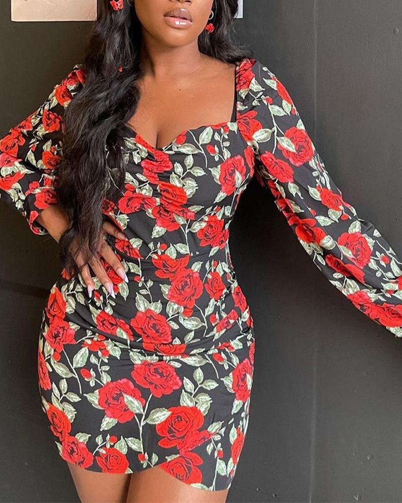 

All Over Floral Print Asymmetrical Bodycon Dress, Red