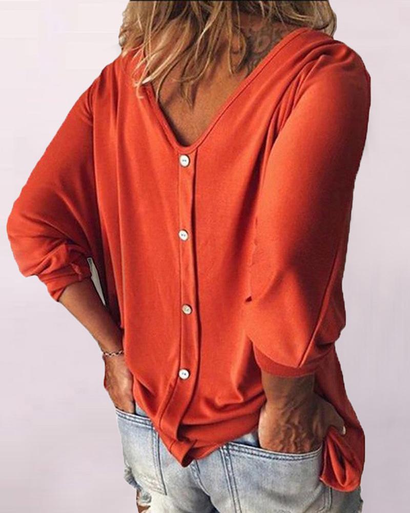 

Plus Size Button Decor V-Neck Top, Orange
