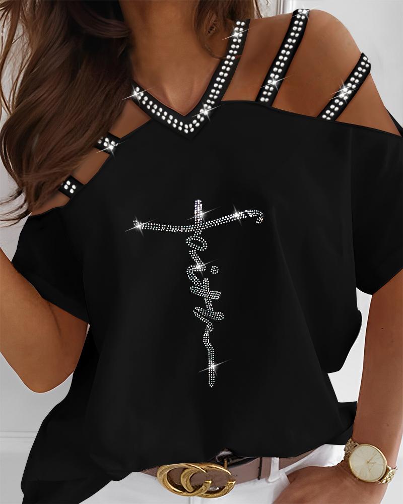 

Rhinestone Faith Cold Shoulder Top, Black