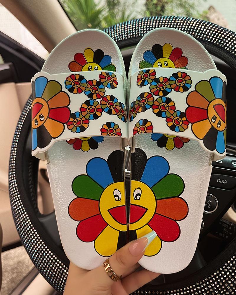 

Round Toe Sunflower Pattern Slippers, White