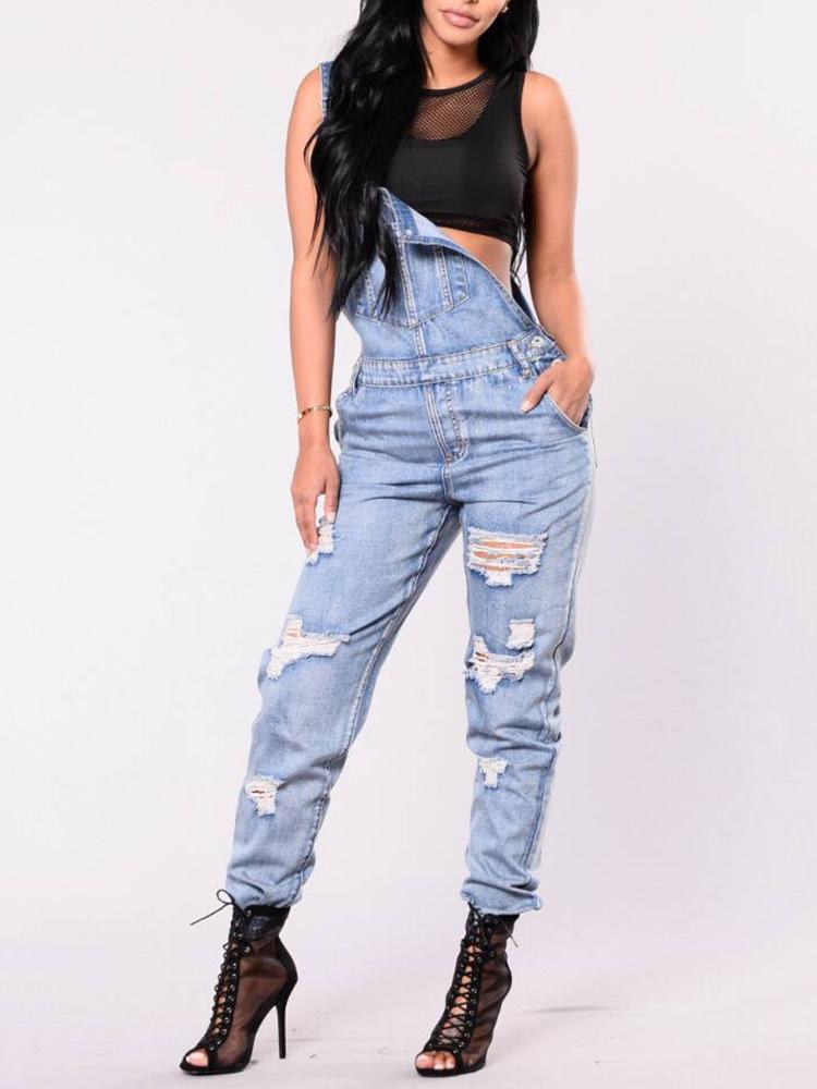 

Frayed Ripped Pocket Design Suspender Jeans, Blue