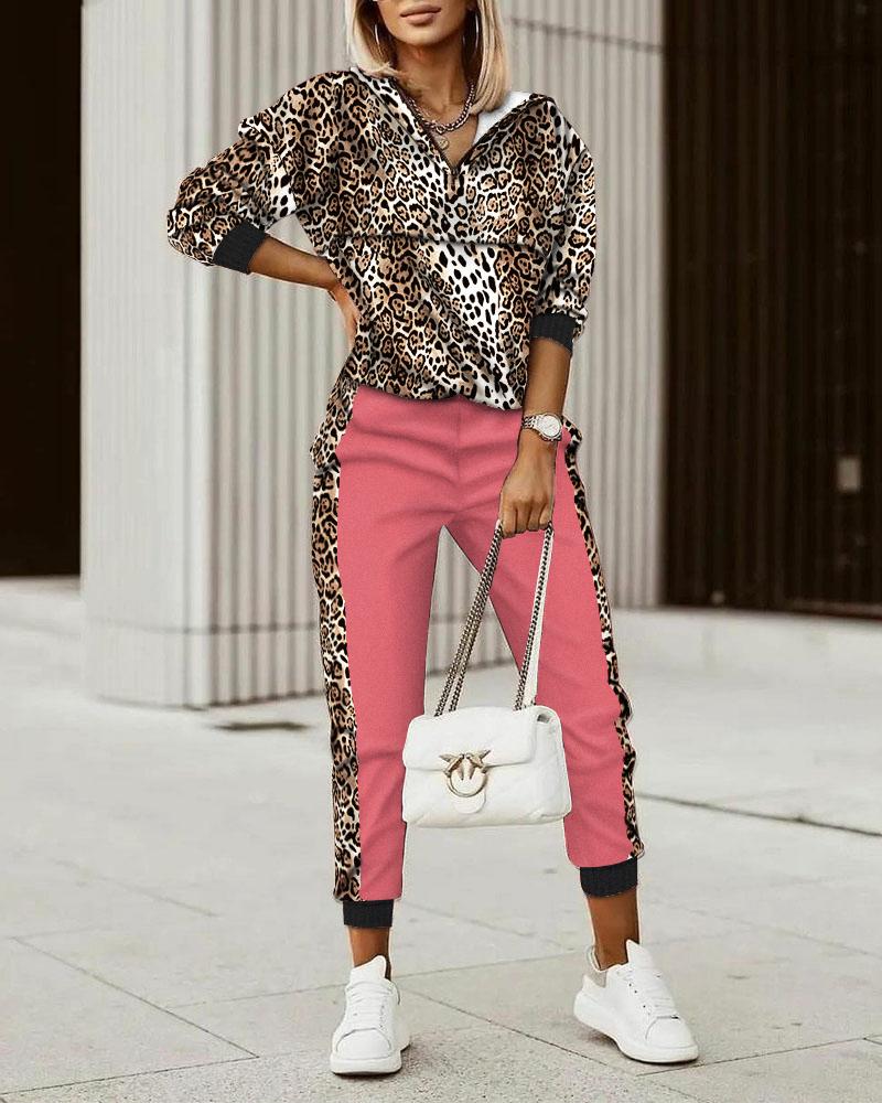 

Leopard Print Zip Front Hoodie & Pants Set