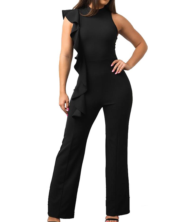 

Splicing Frills Keyhole Back Flared Slinky Jumpsuit, Black