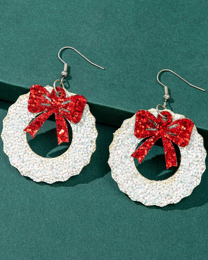 

1Pair Christmas Wreath Bowknot Shaped Drop Earrings, Red