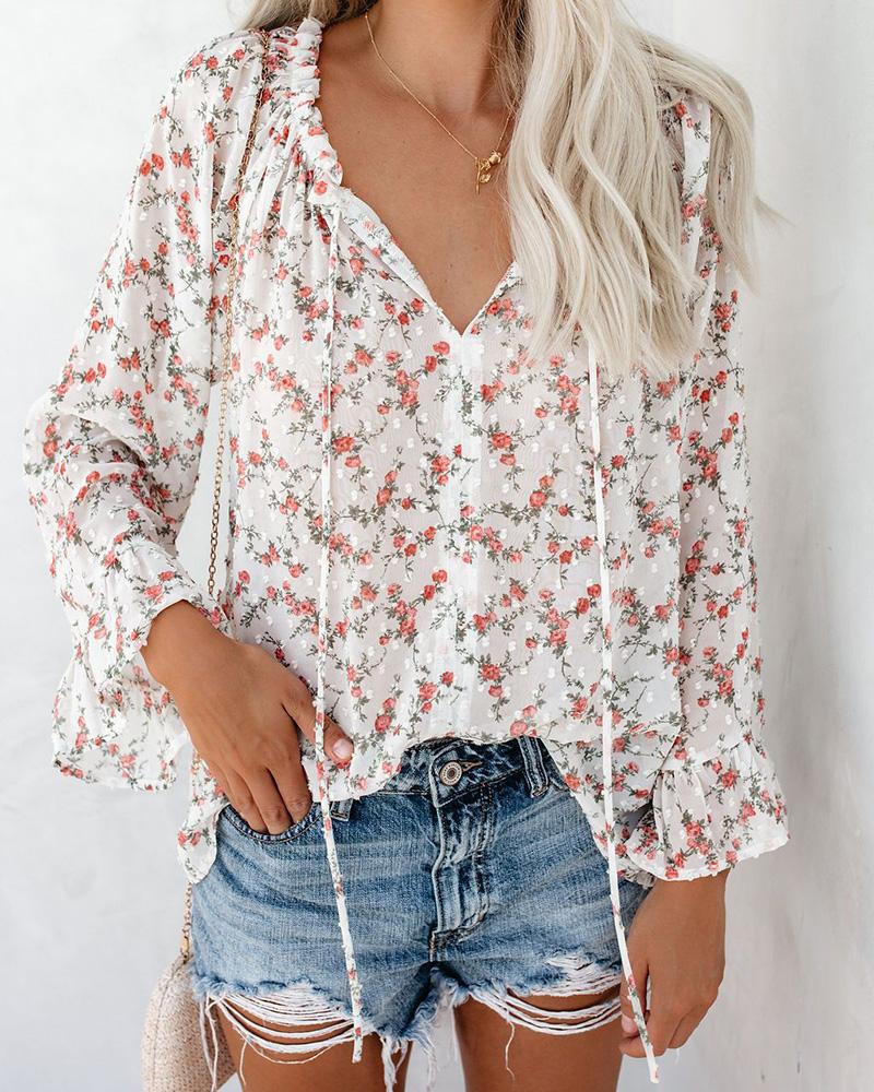 

Floral Print Ruffles Cuff Casual Blouse, White