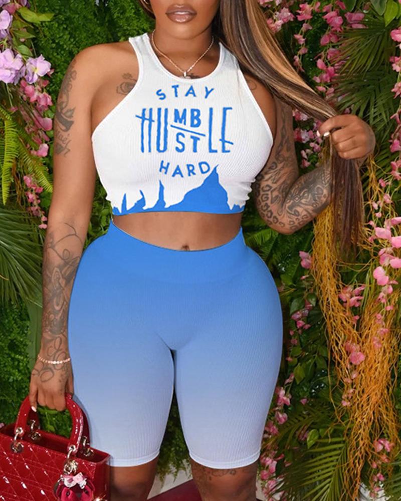 

Letter Print Crop Tank Top & Ombre Shorts Set, Blue