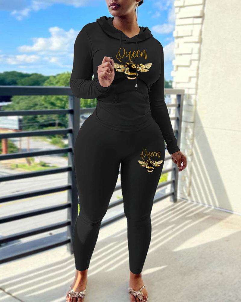 

Bee Print Hooded Top & High Waist Pants Set, Black