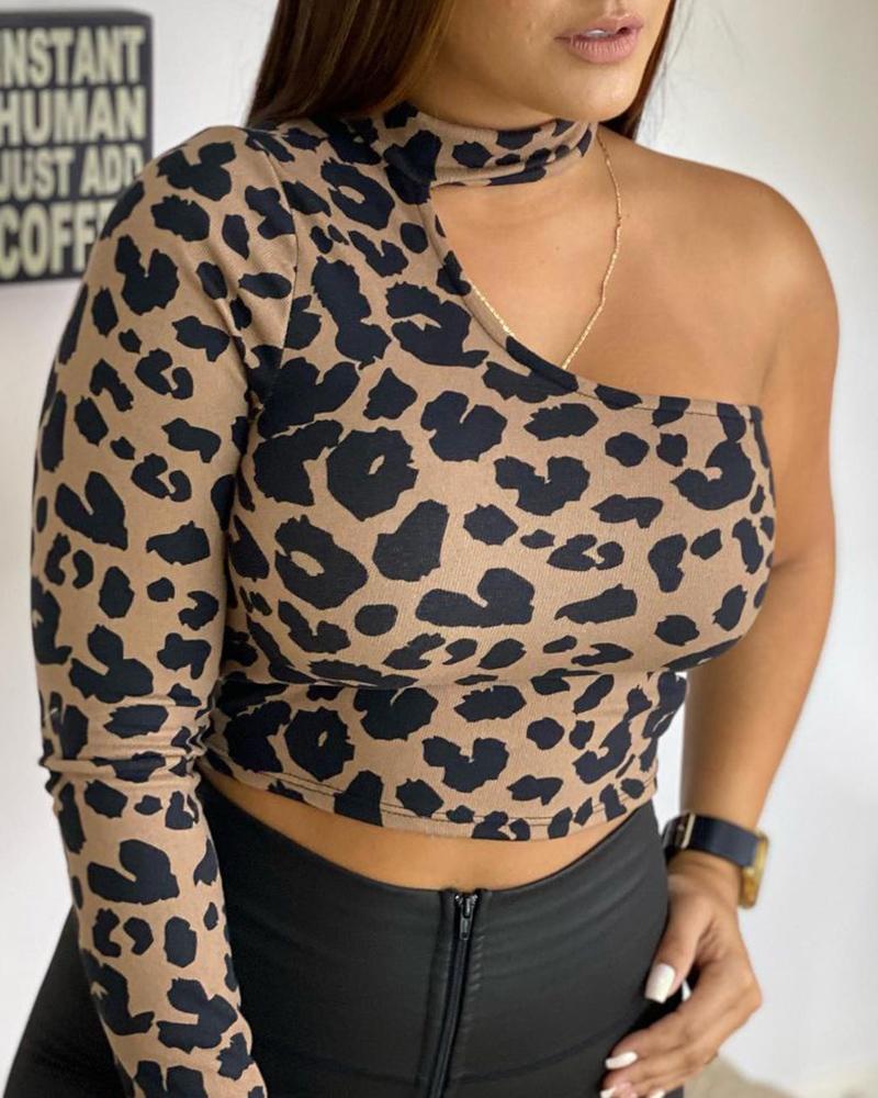 

Long Sleeve Leopard Print One Shoulder Crop Top, Brown