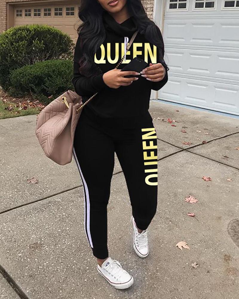 

Letter Print Long Sleeve Top & Striped High Waist Pants Set, Black