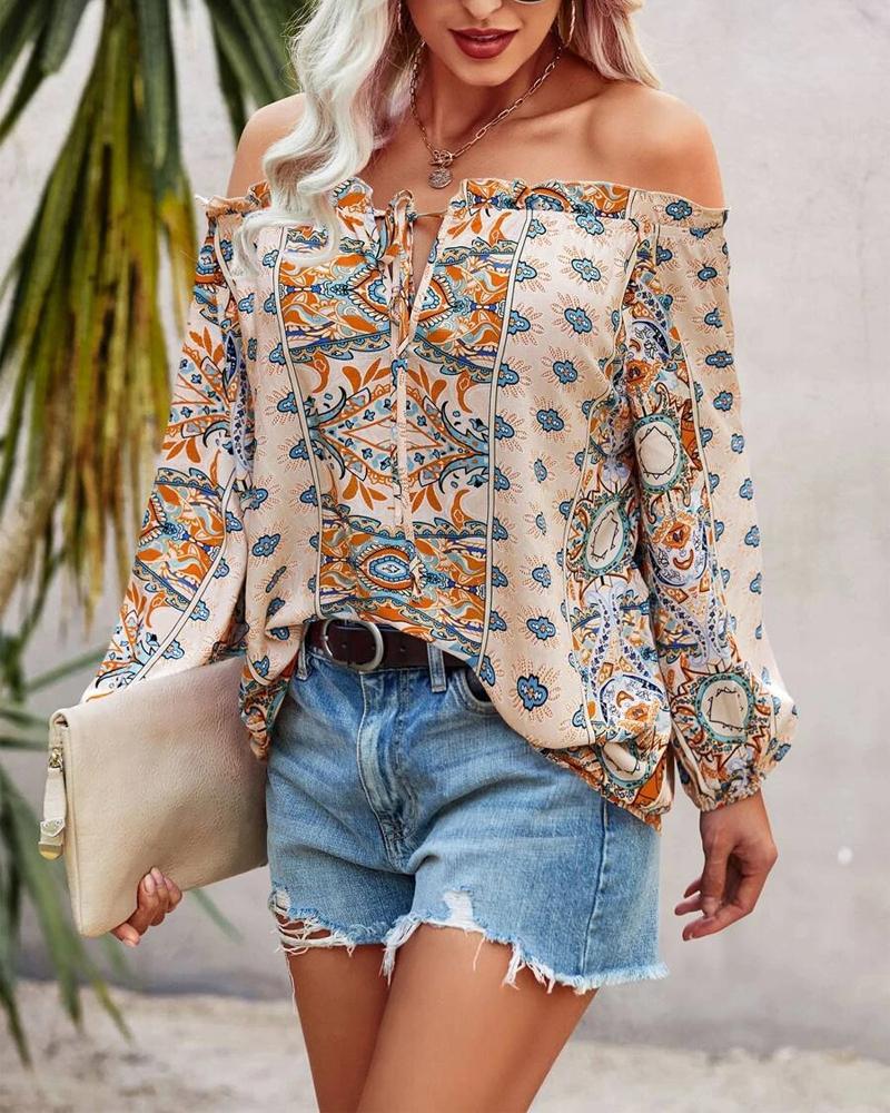 

Retro Tribal Print Frill Hem Off Shoulder Top, Apricot