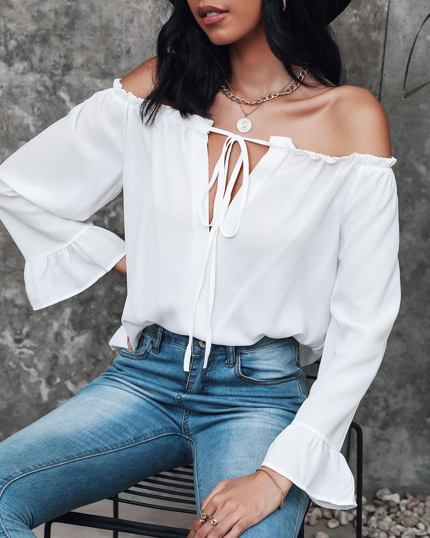 

Off Shoulder Long Sleeve Chiffon Blouse, White