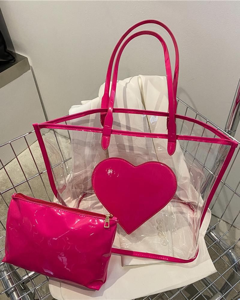 

Heart Pattern Large Capacity Tote Bag With Inner Pouch, Pink