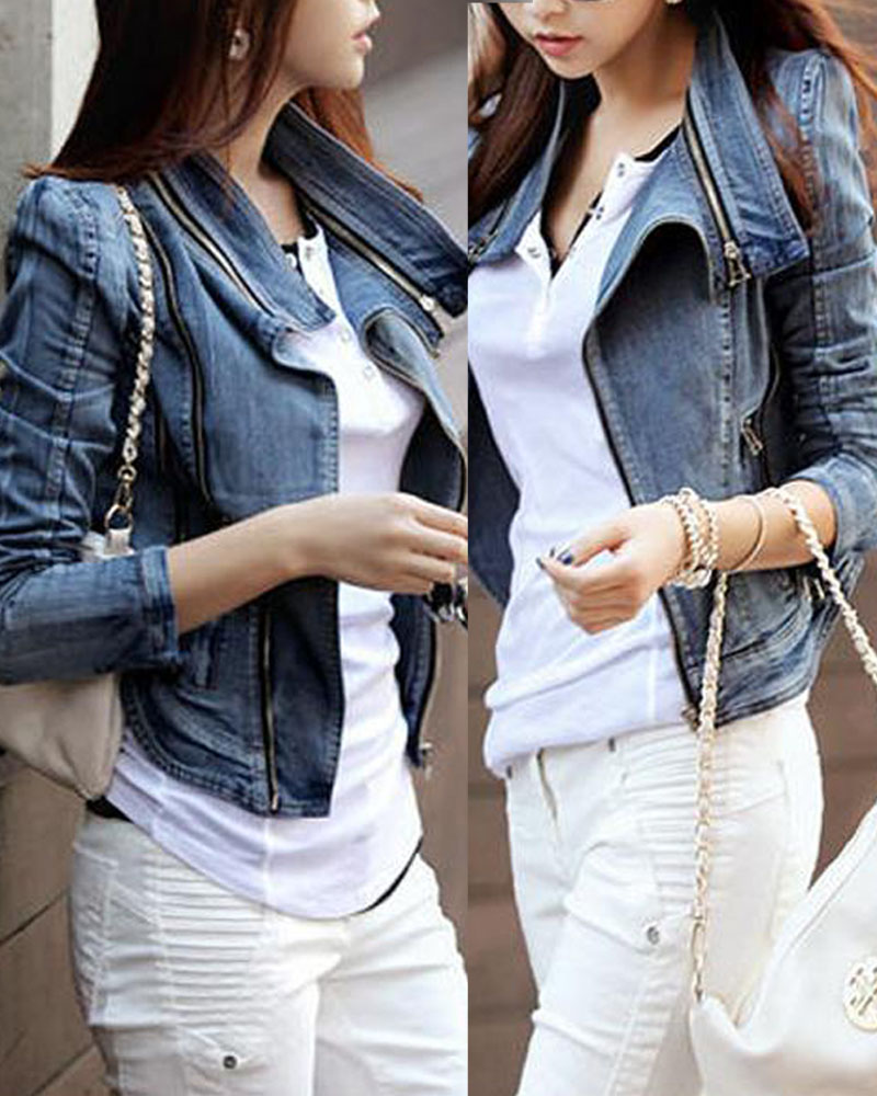 

Long Sleeve Zipper Front Denim Jacket, Blue