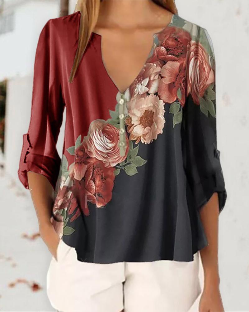 

Floral Print V Neck Long Sleeve Blouse, Red