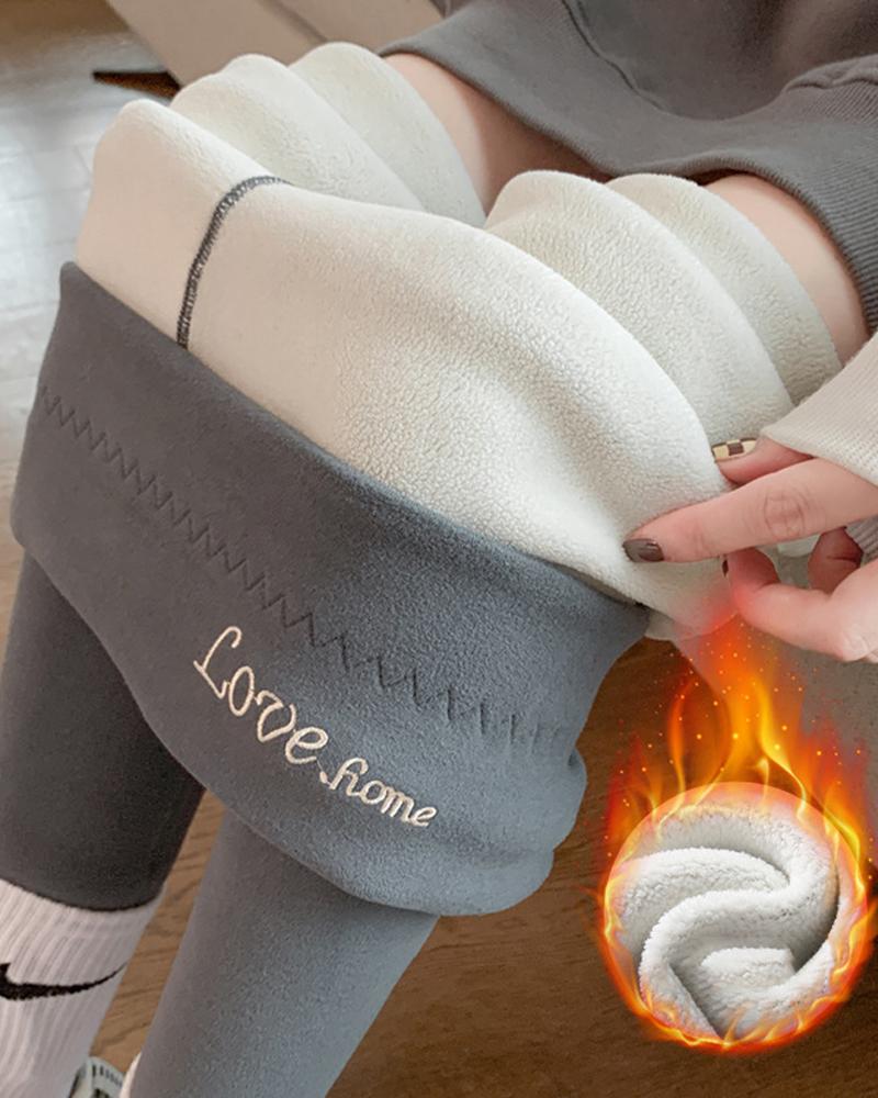 

Embroidery Letter High Waist Thermal Warm Fleece Lined Leggings, Light gray