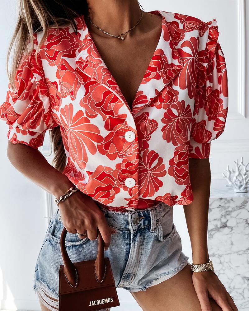 

Floral Print Button Front Puff Sleeve Blouse, Red