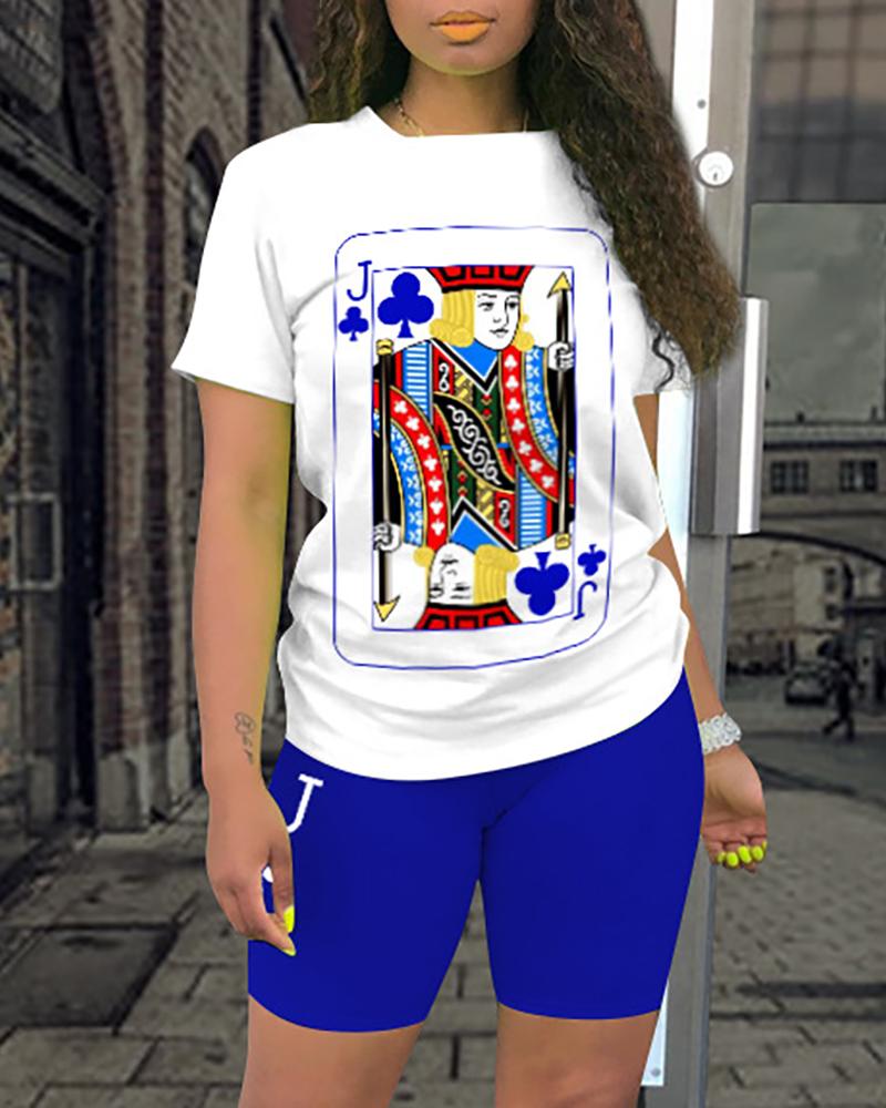 

Poker Print Short Sleeve Women Top & Shorts Set, Blue