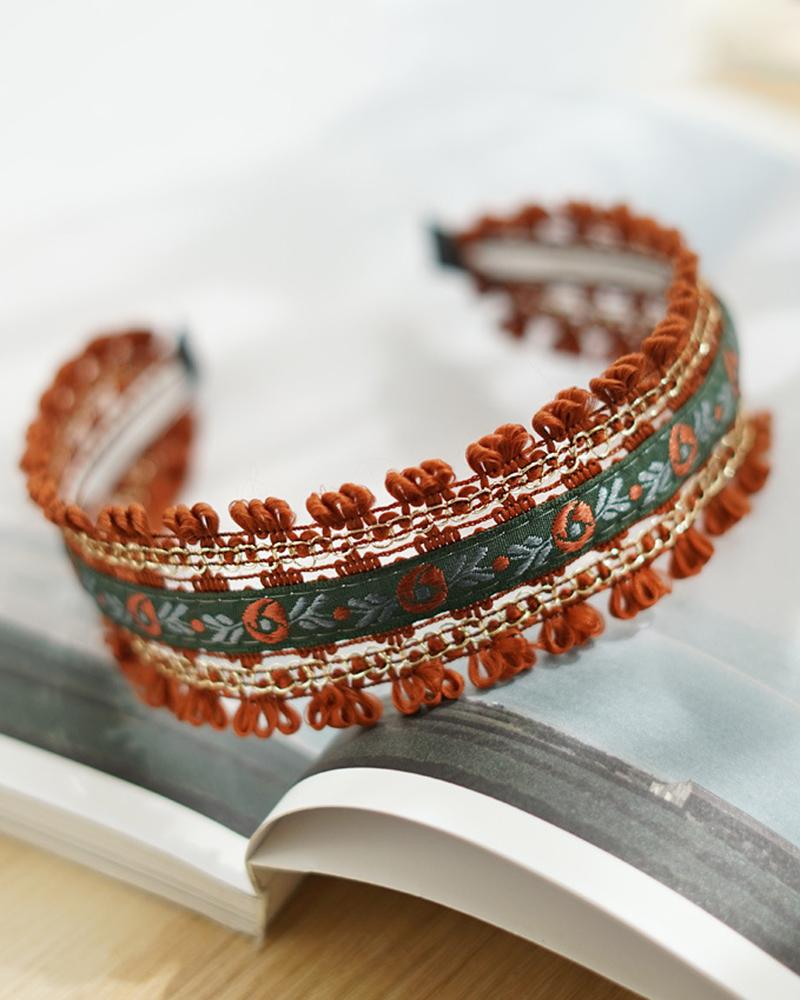 

1pc Tribal Floral Embroidery Tassel Headband, Coffee