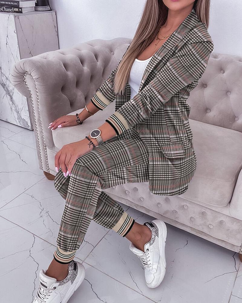 

Plaid Print Shawl Collar Blazer Coat & Cuffed Pants Set, Brown