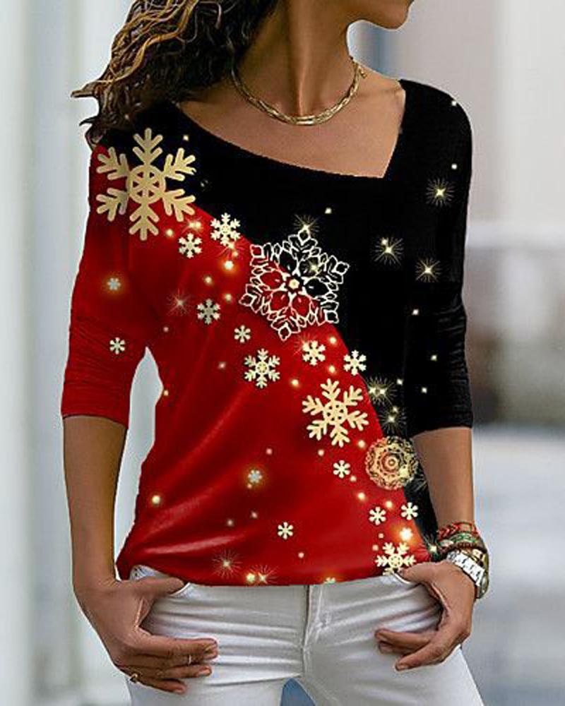 

Christmas Snowflake Print Colorblock Asymmetrical Neck Top, Red