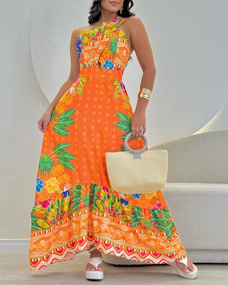 

Tropical Fruit Print Asymmetrical One Shoulder Maxi Dress, Orange