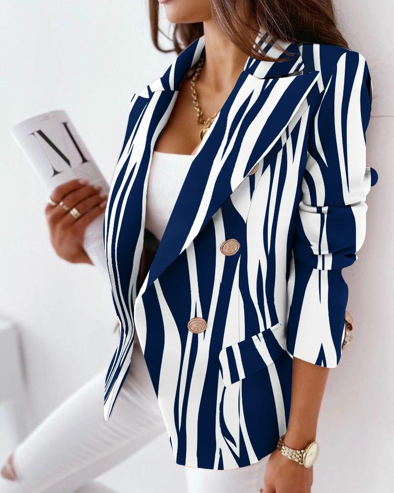 

Striped Lapel Collar Flap Detail Double Breasted Blazer, Blue