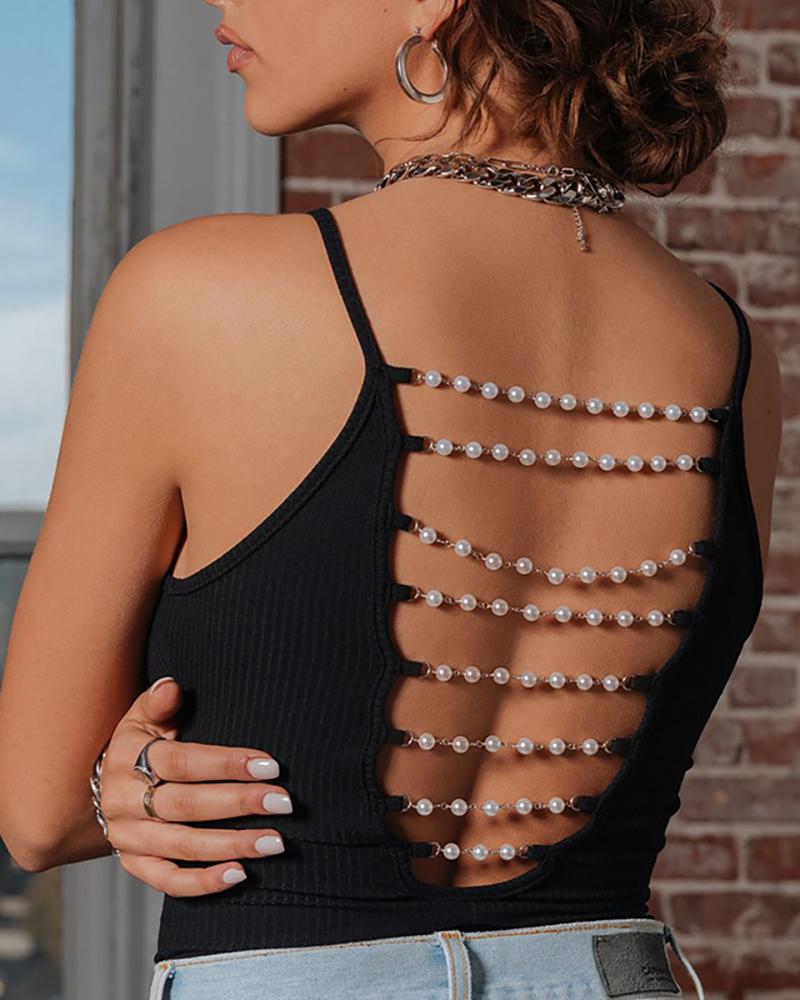 

Beaded Strap Ladder Cutout Backless One-Piece Bodysuit, Black