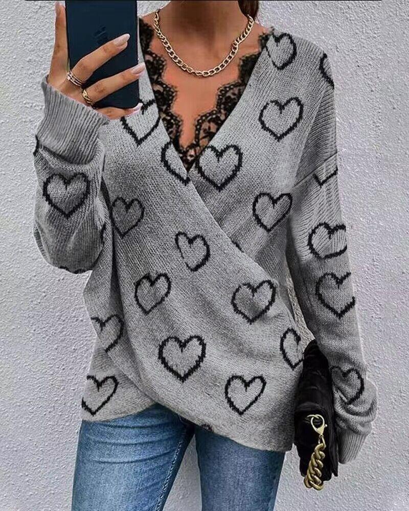 

Heart Contrast Lace Long Sleeve Wrap Knit Sweater, Gray