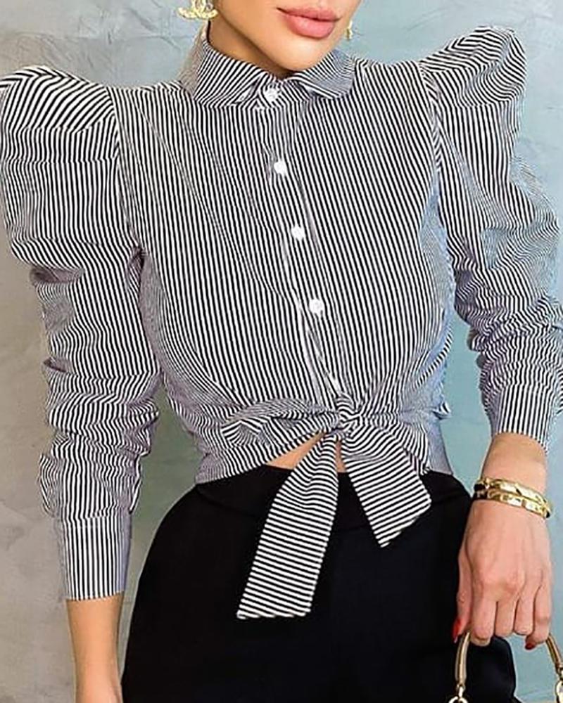 

Puff Sleeve Striped Print Knotted Long Sleeve Top, Gray