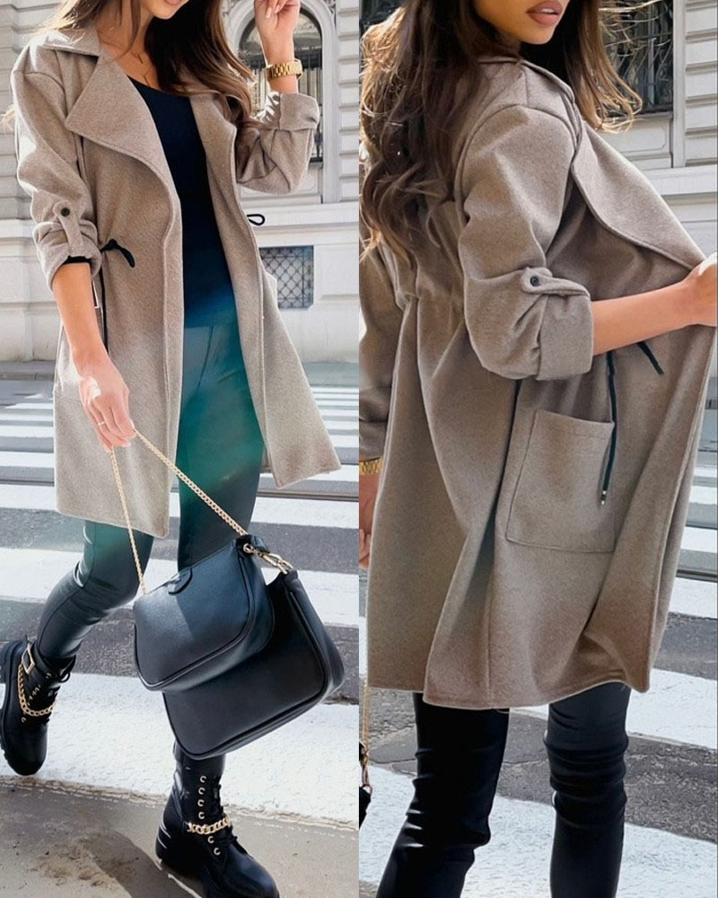 

Roll Up Sleeve Drawstring Pocket Detail Trench Coat, Dark grey