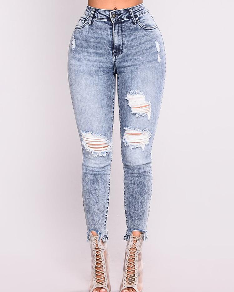 

Ripped High Waist Skinny Jeans, Dark blue