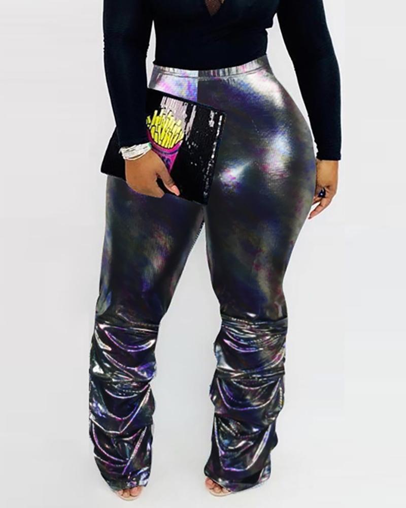 

Glitter High Waist Bell-bottomed Ruched Pants, Black