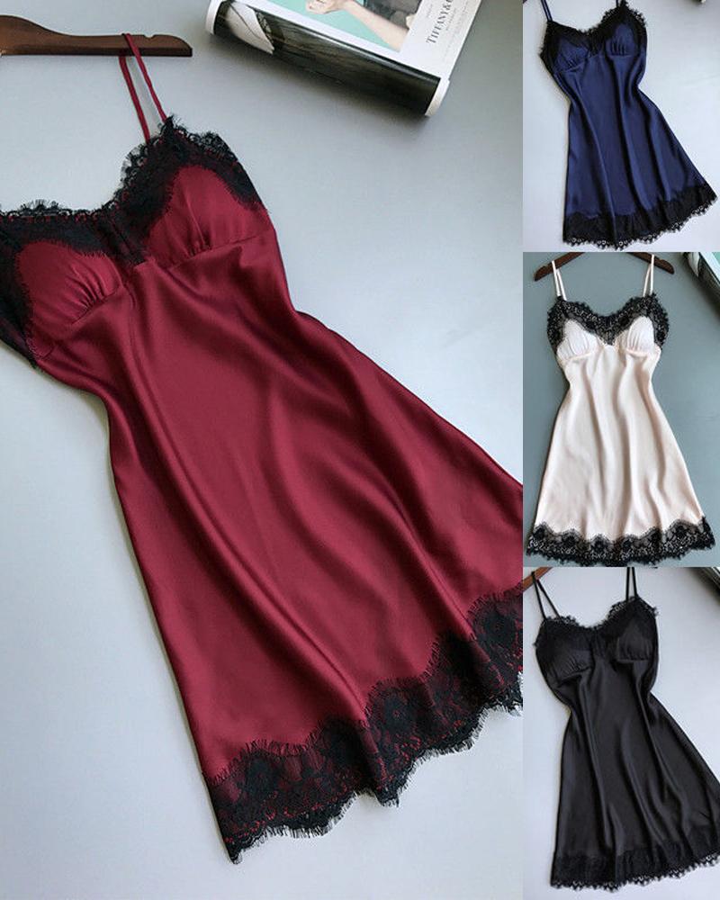 

Spaghetti Strap Contrast Lace Nightdress, Wine red