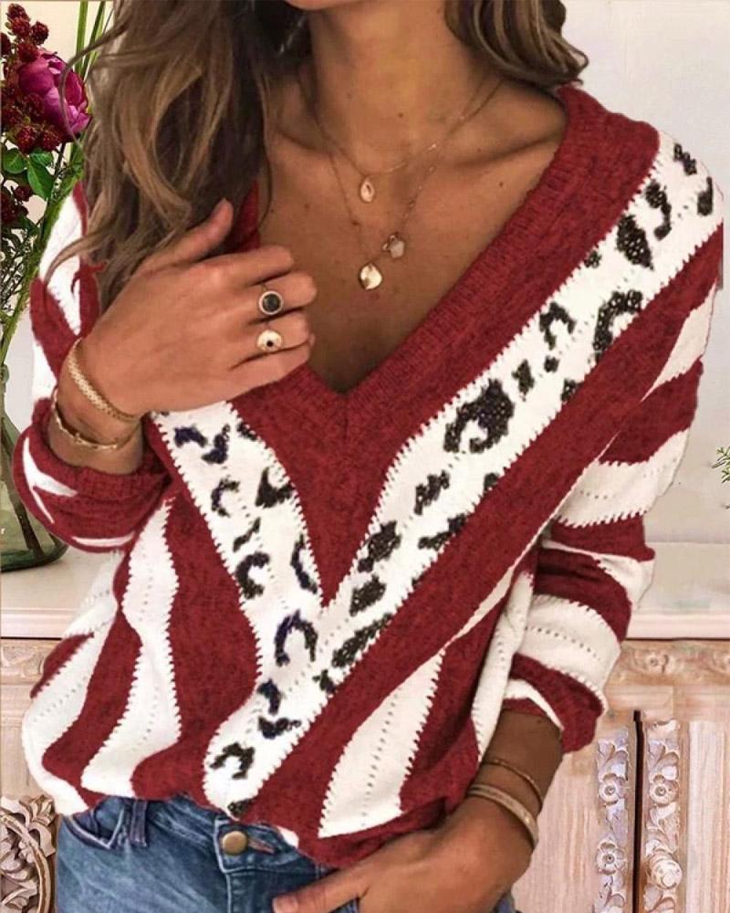 

Striped Leopard Pattern V-Neck Sweater, Red