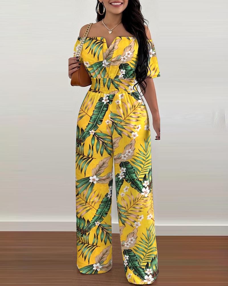 

Tropical Print Off Shoulder Shirred Waist Jumpsuit, Yellow
