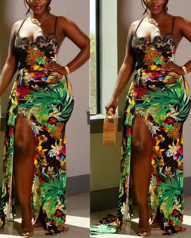 

Tropical Print Contrast Lace High Slit Maxi Dress, Green