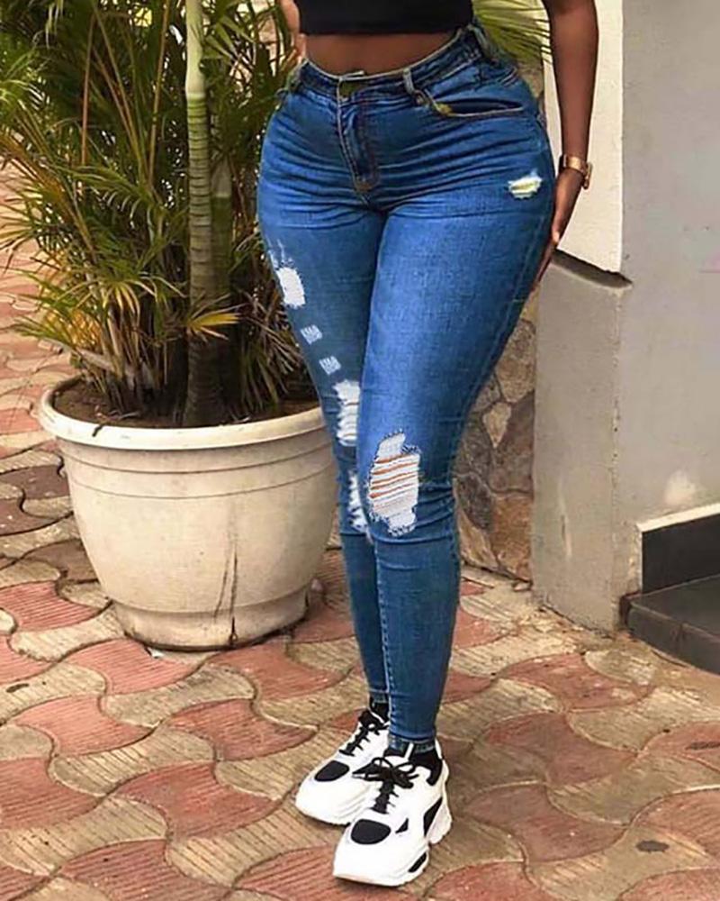 

Ripped High Waist Pocket Design Jeans, Blue