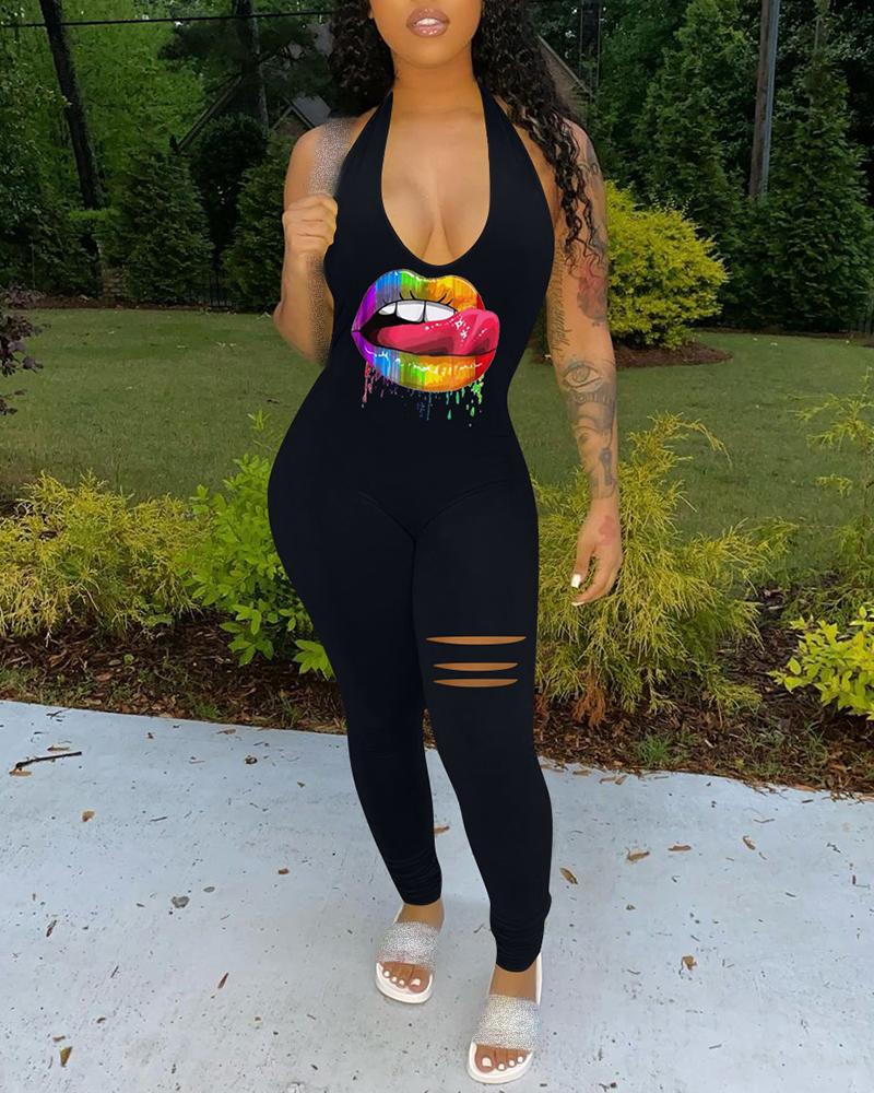 

Lip Print Cutout Halter Backless Jumpsuit, Black